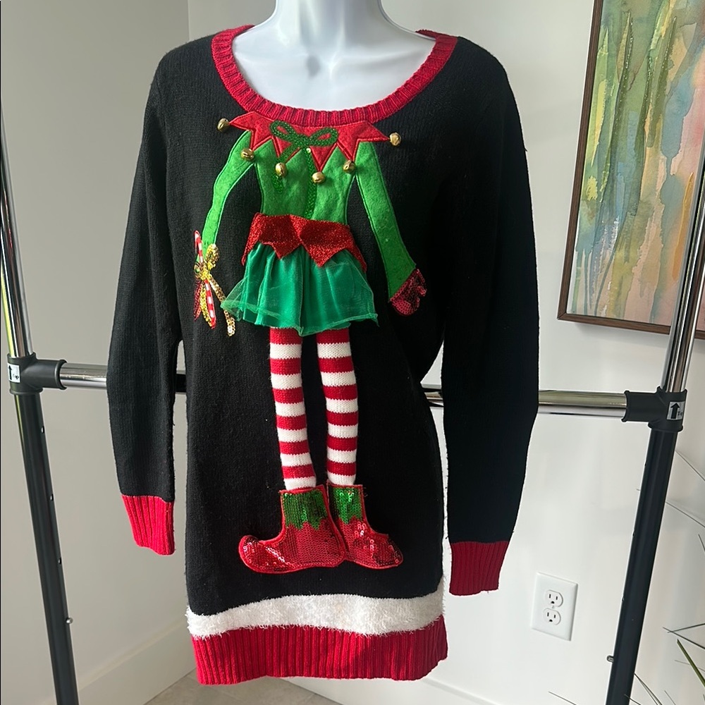 Black and Red Crew Neck Holiday Sweater with Elf Design